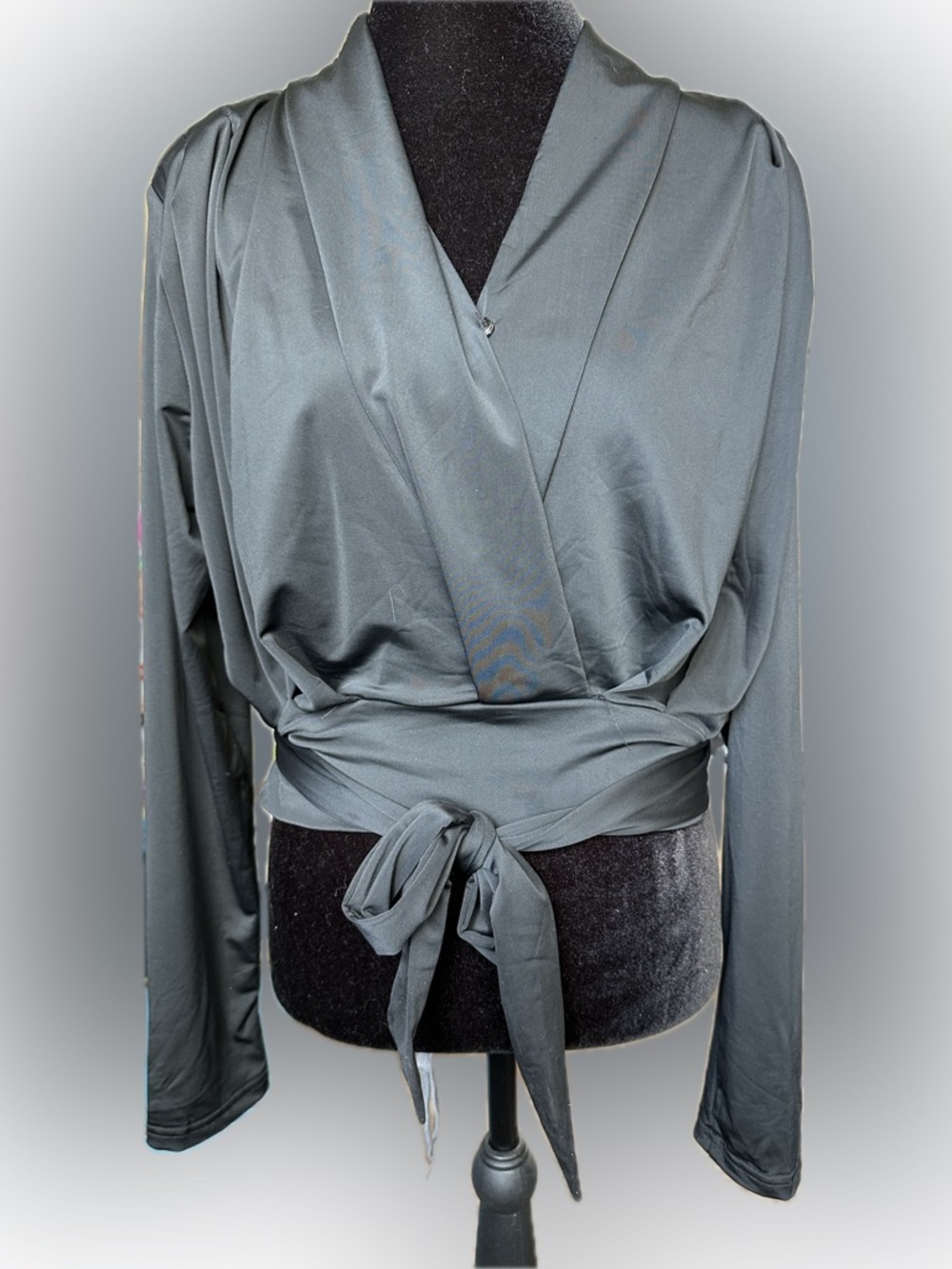 Draped Wrap-Front Blouse with Waist Tie - Charcoal